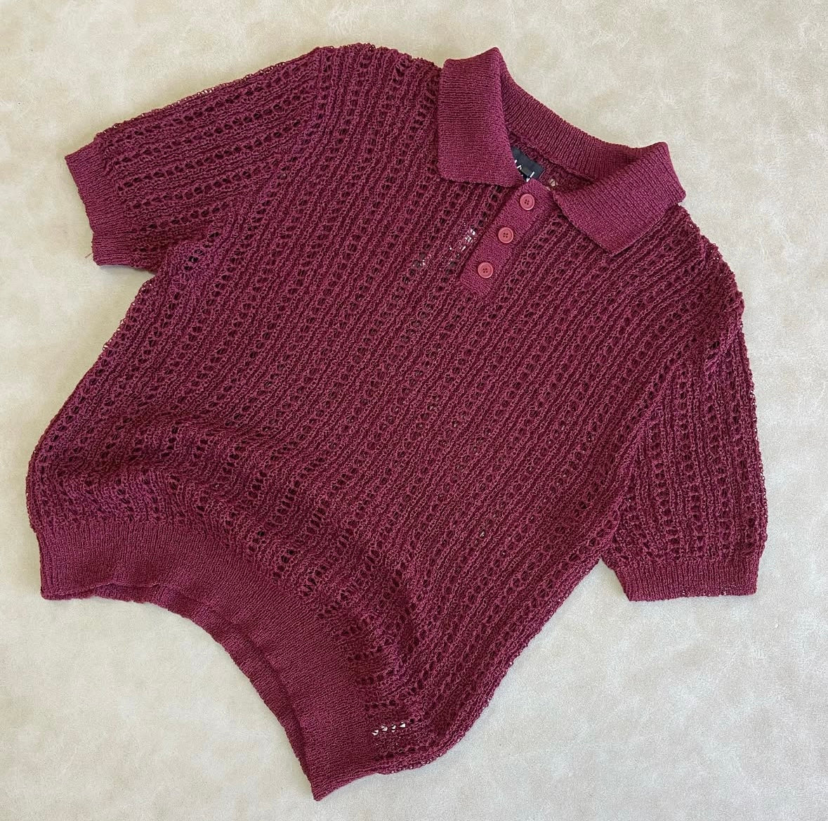 Slim Fit Open Stitch Short Sleeve Knitted Polo