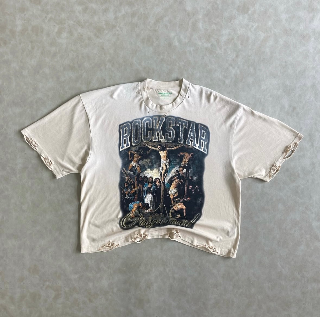 Waller Beige/Blue Boxy Crop T-Shirt