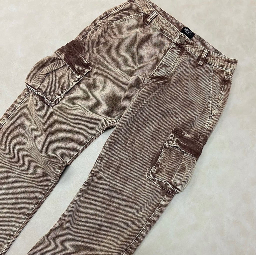 Acid Wash Corduroy Loose - Fit Cargo Pants