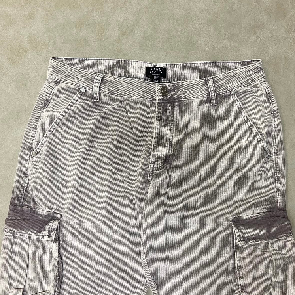 Relaxed Acid Wash Cord Cargo Trouser