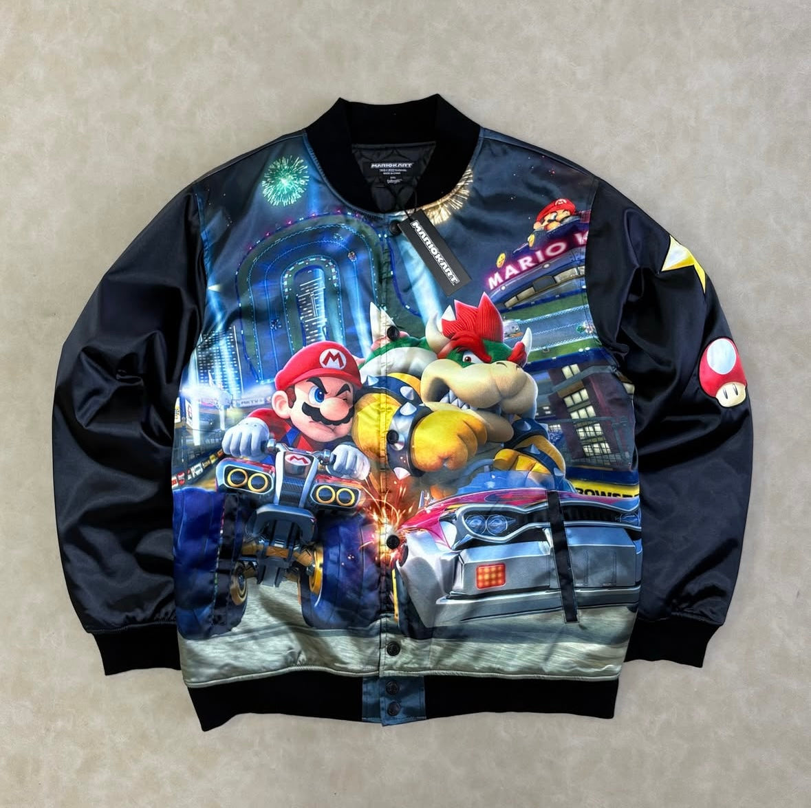 Mario Kart Black Satin Varsity Jacket