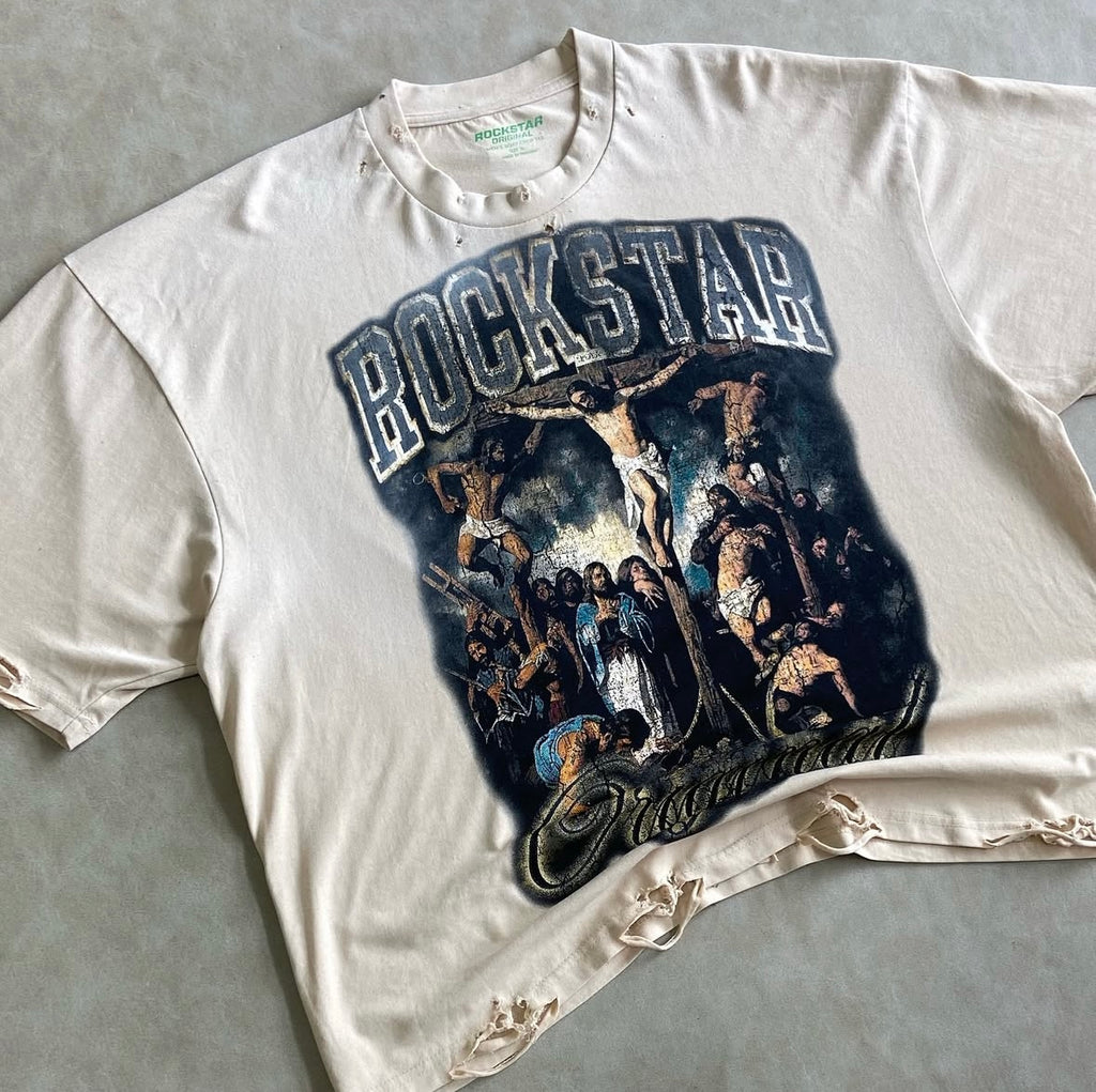 Waller Beige/Blue Boxy Crop T-Shirt