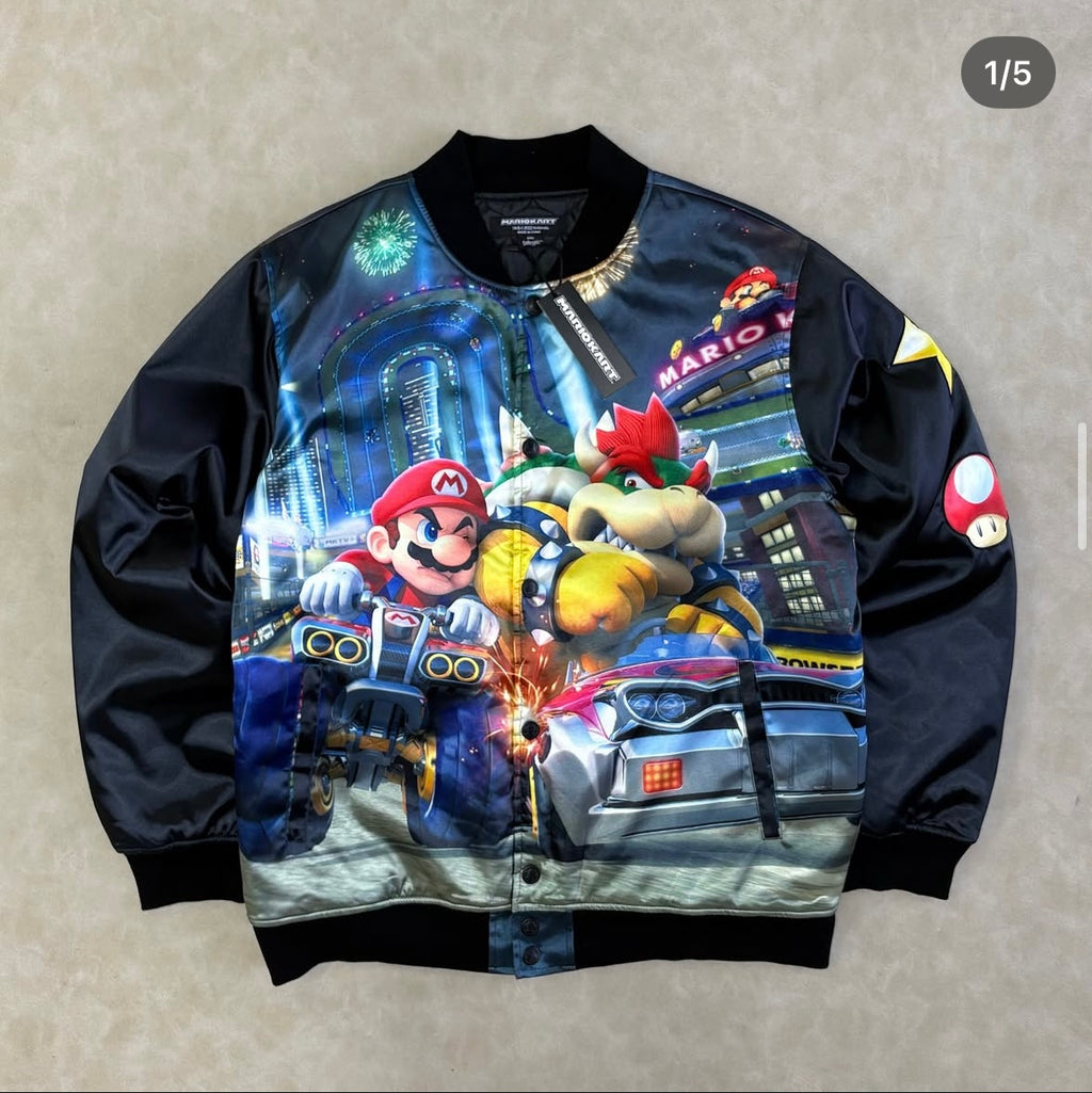 Mario Kart Black Satin Varsity Jacket
