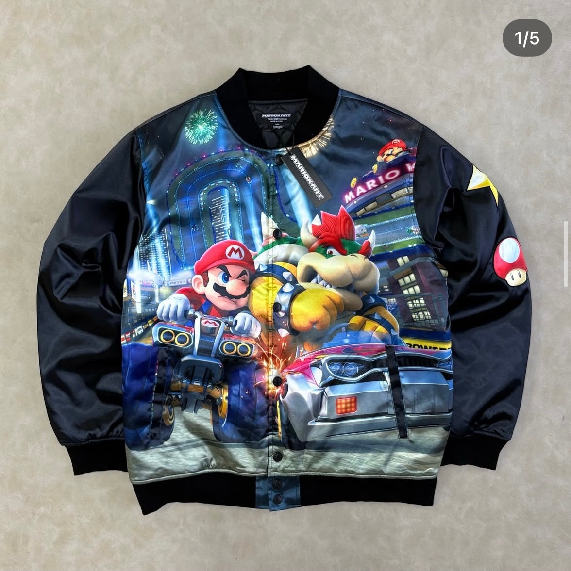 Mario Kart Black Satin Varsity Jacket
