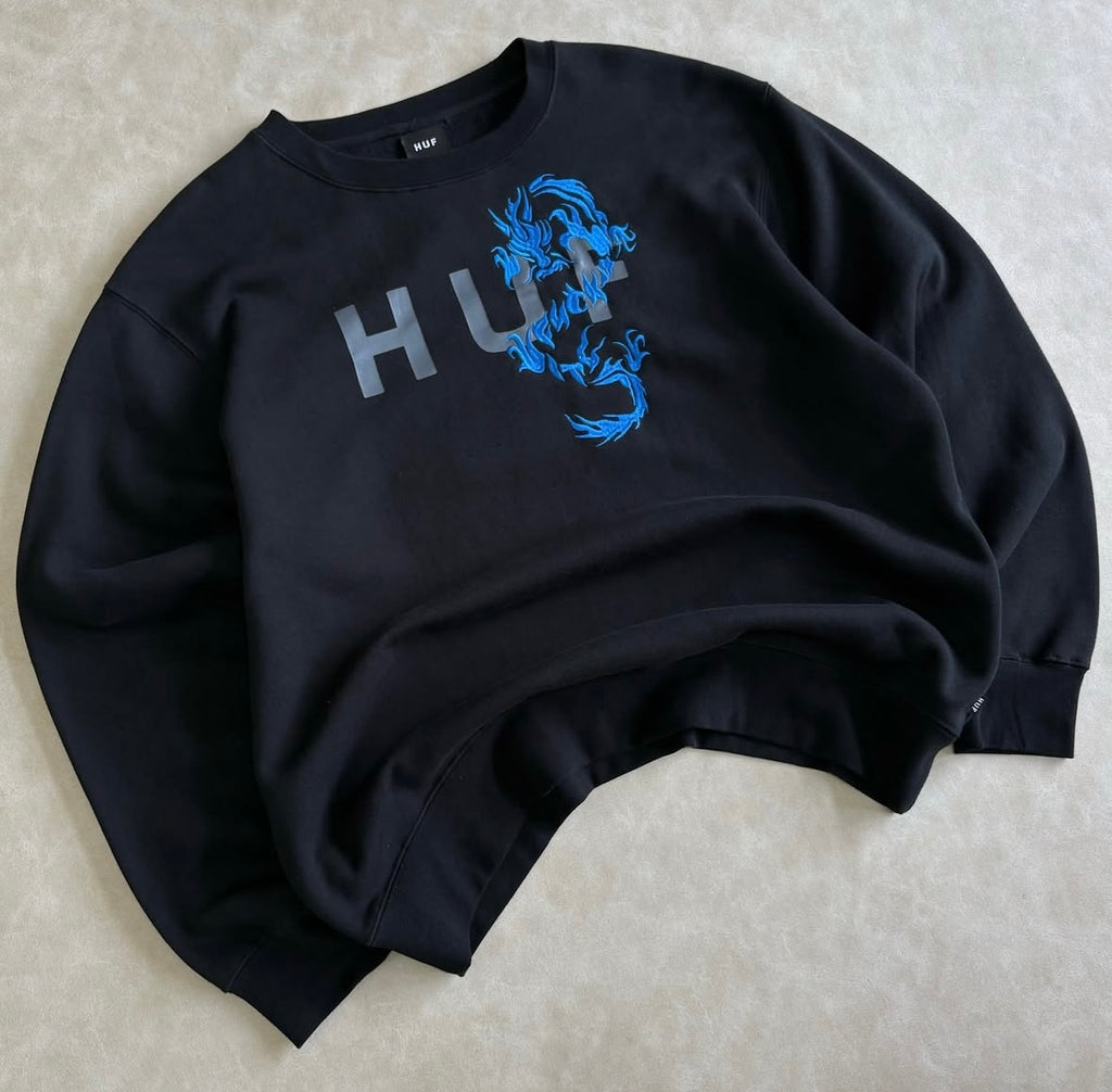 HUF Dragon Sweatshirt In Black With Chest Print And Embroidery