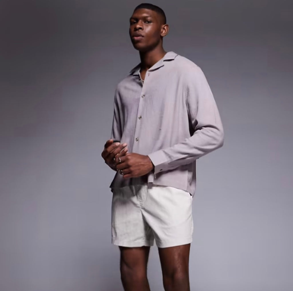 Gray square-cut linen-blend shirt with lapel collar