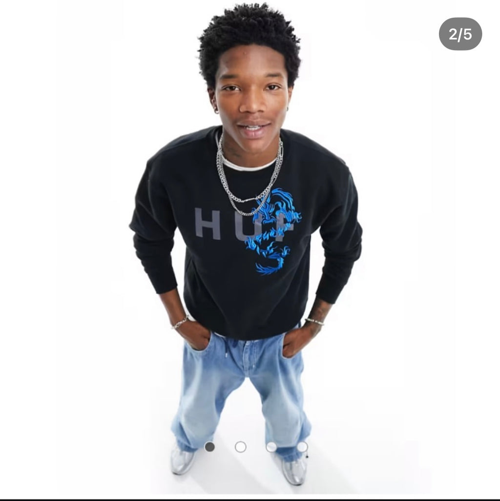 HUF Dragon Sweatshirt In Black With Chest Print And Embroidery
