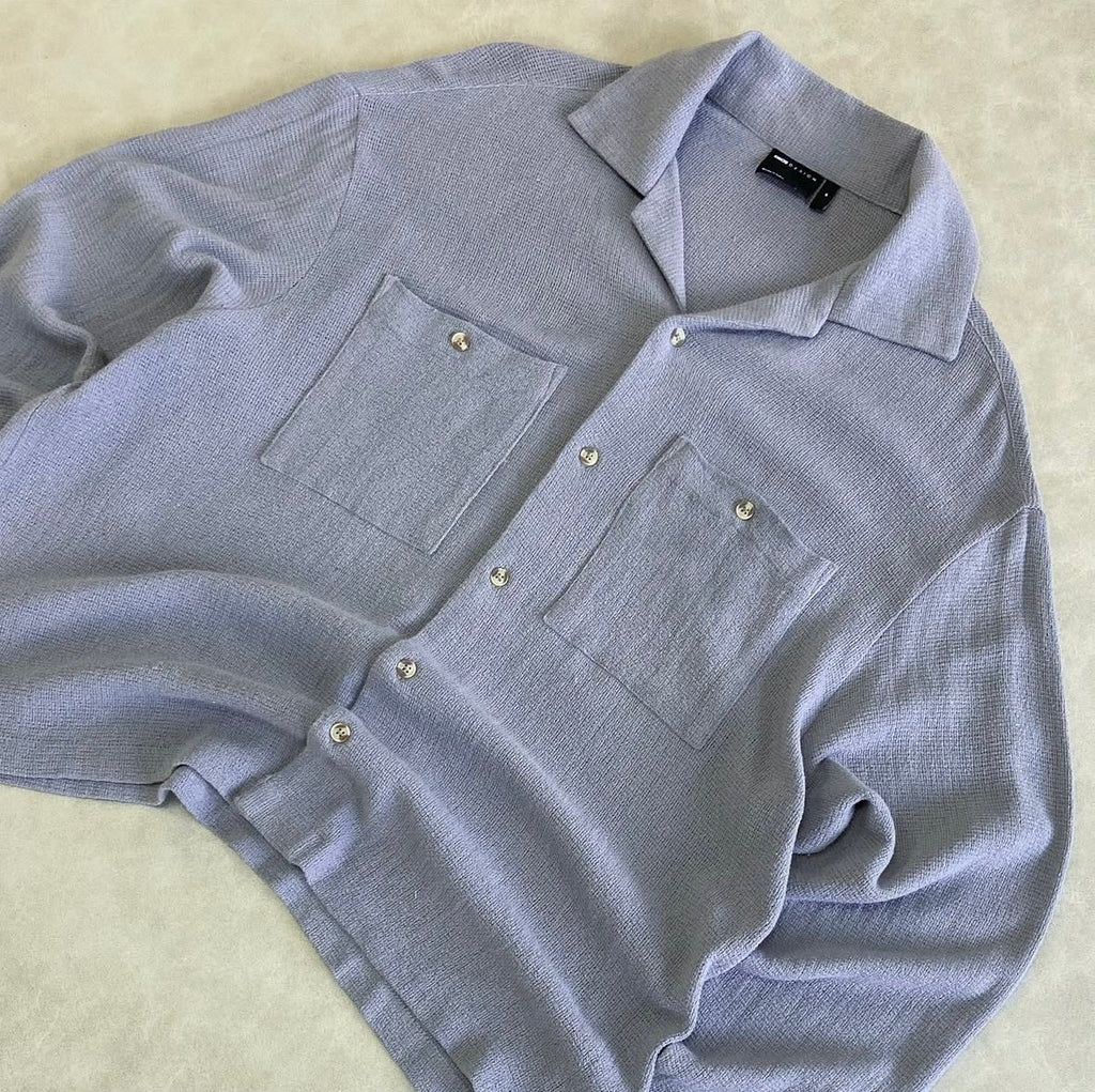 Gray square-cut linen-blend shirt with lapel collar