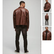 Boxy Collared PU Harrington Jacket With
Raw Edge In Brown