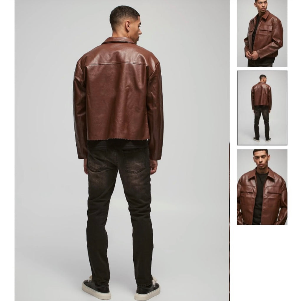 Boxy Collared PU Harrington Jacket With
Raw Edge In Brown