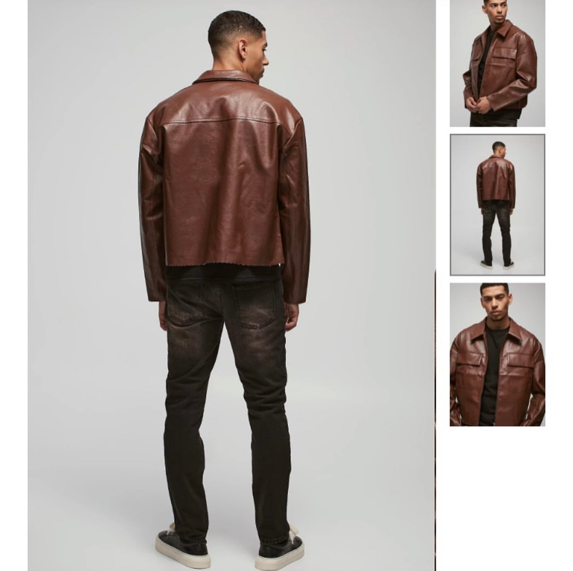 Boxy Collared PU Harrington Jacket With
Raw Edge In Brown