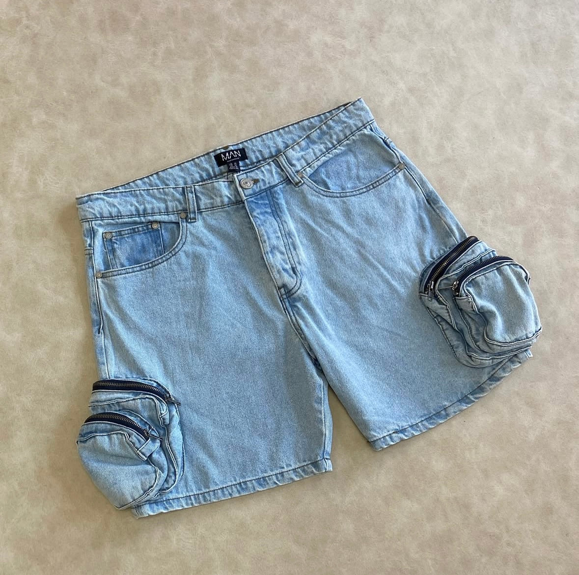 Light Blue 3D Cargo Pocket Skinny Denim Shorts