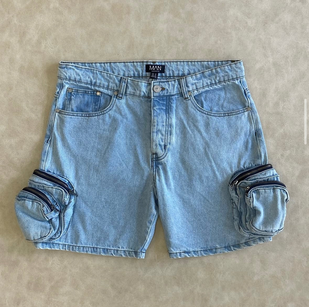 Light Blue 3D Cargo Pocket Skinny Denim Shorts