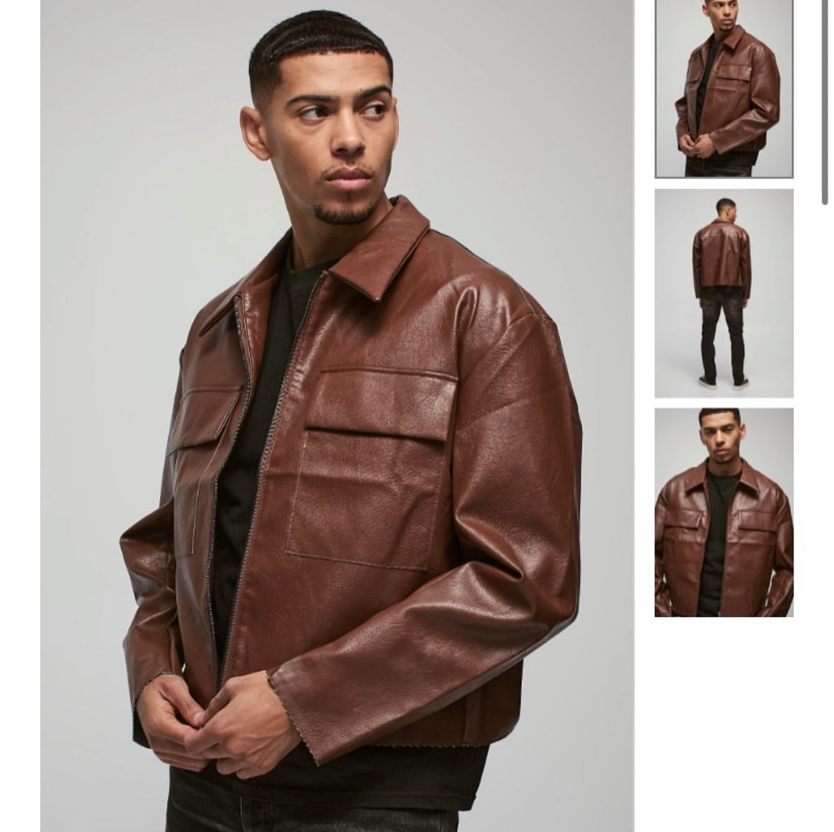 Boxy Collared PU Harrington Jacket With
Raw Edge In Brown