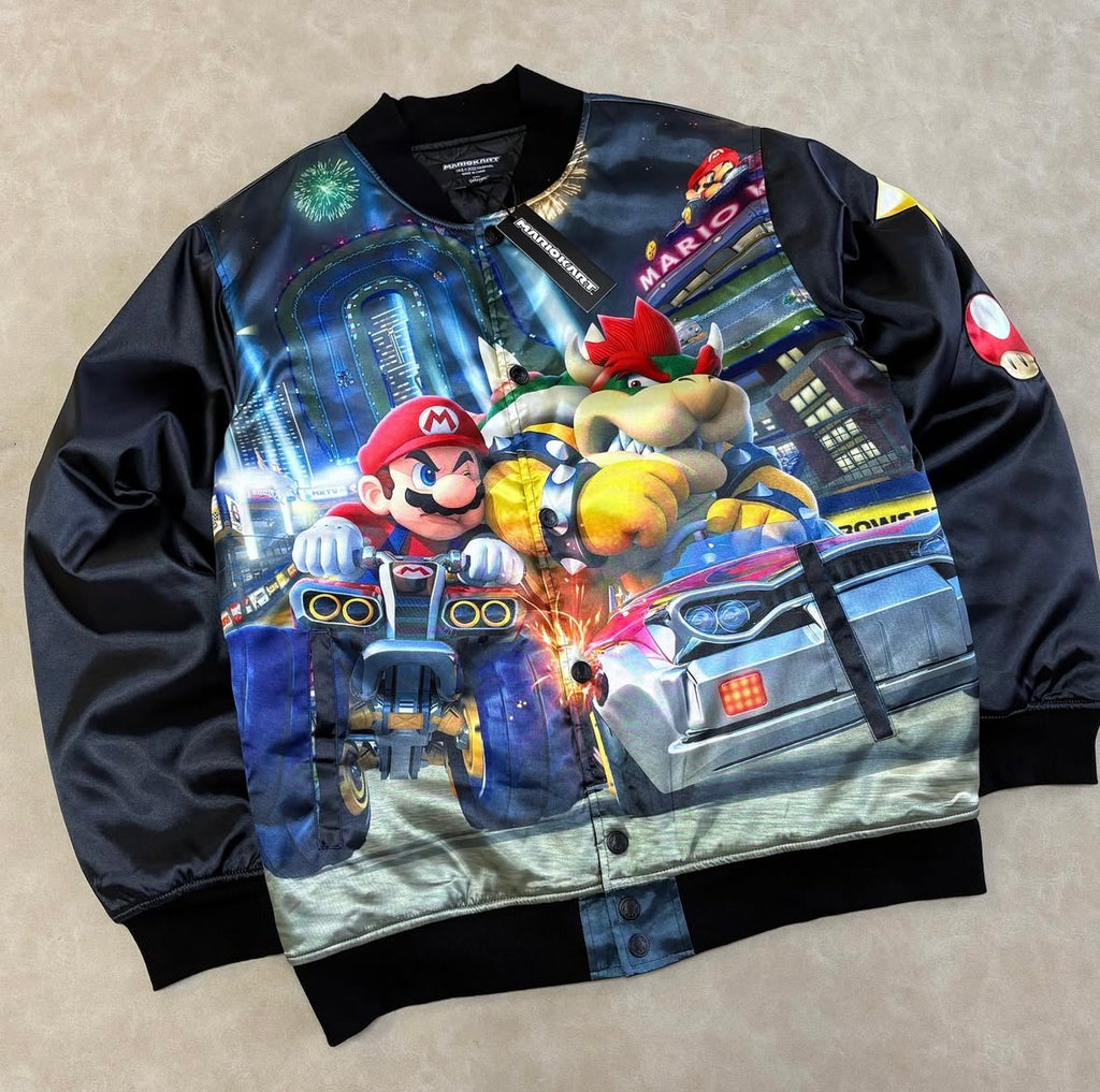Mario Kart Black Satin Varsity Jacket