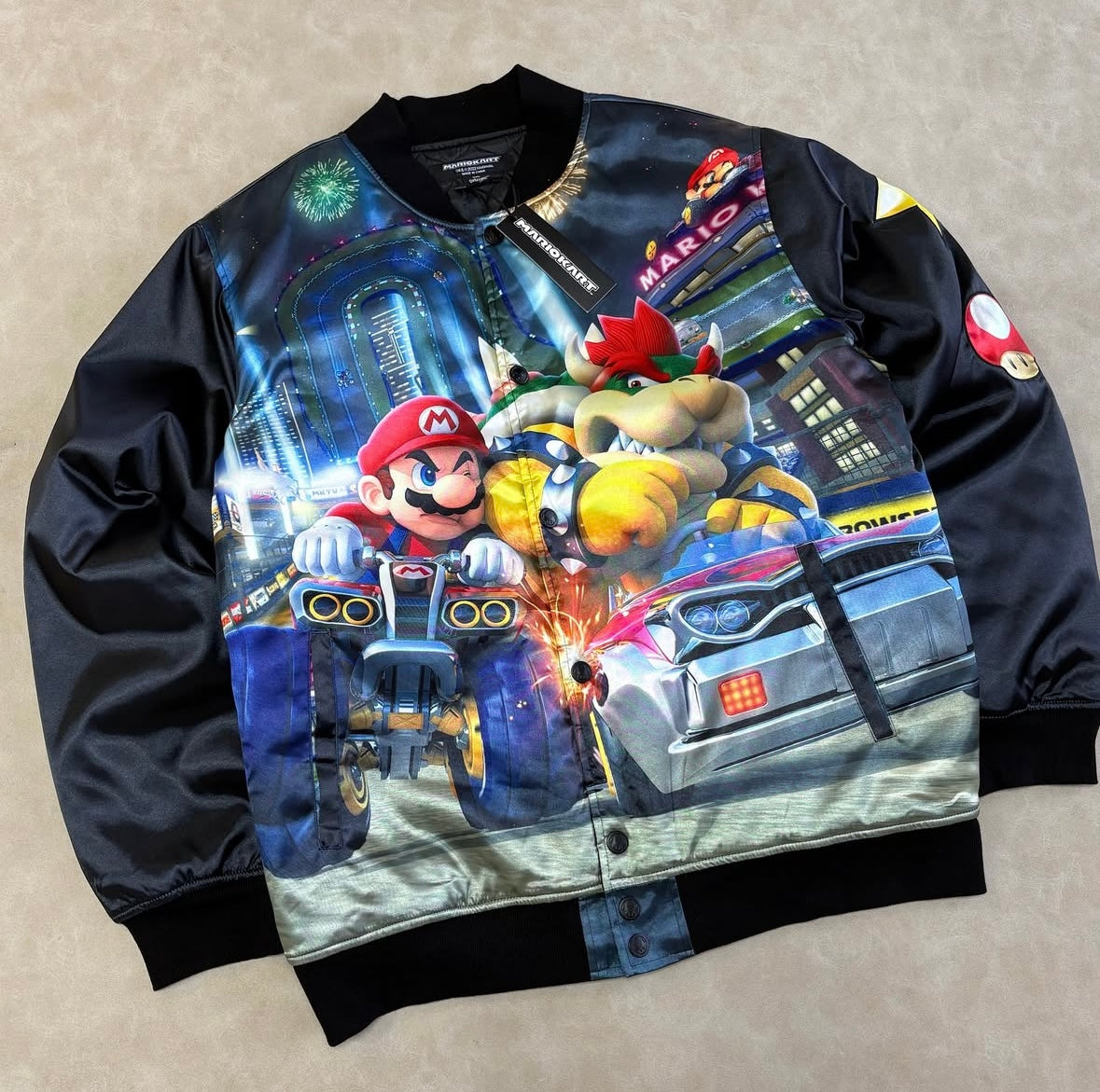 Mario Kart Black Satin Varsity Jacket