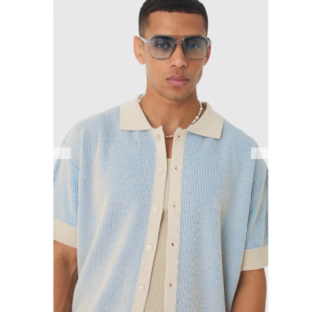 Oversized Boxy Two Tone Rib Knit Shirt