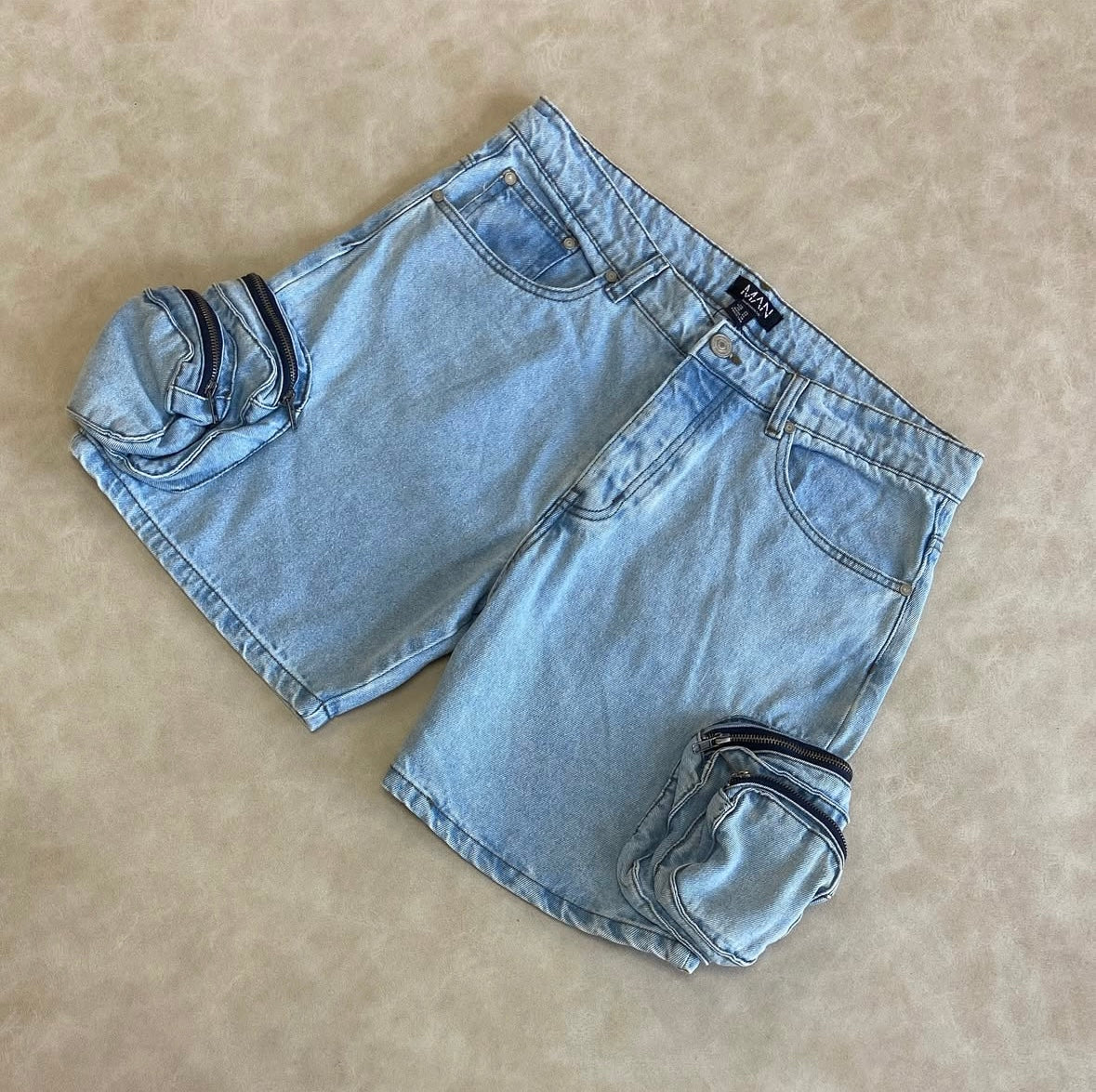 Light Blue 3D Cargo Pocket Skinny Denim Shorts