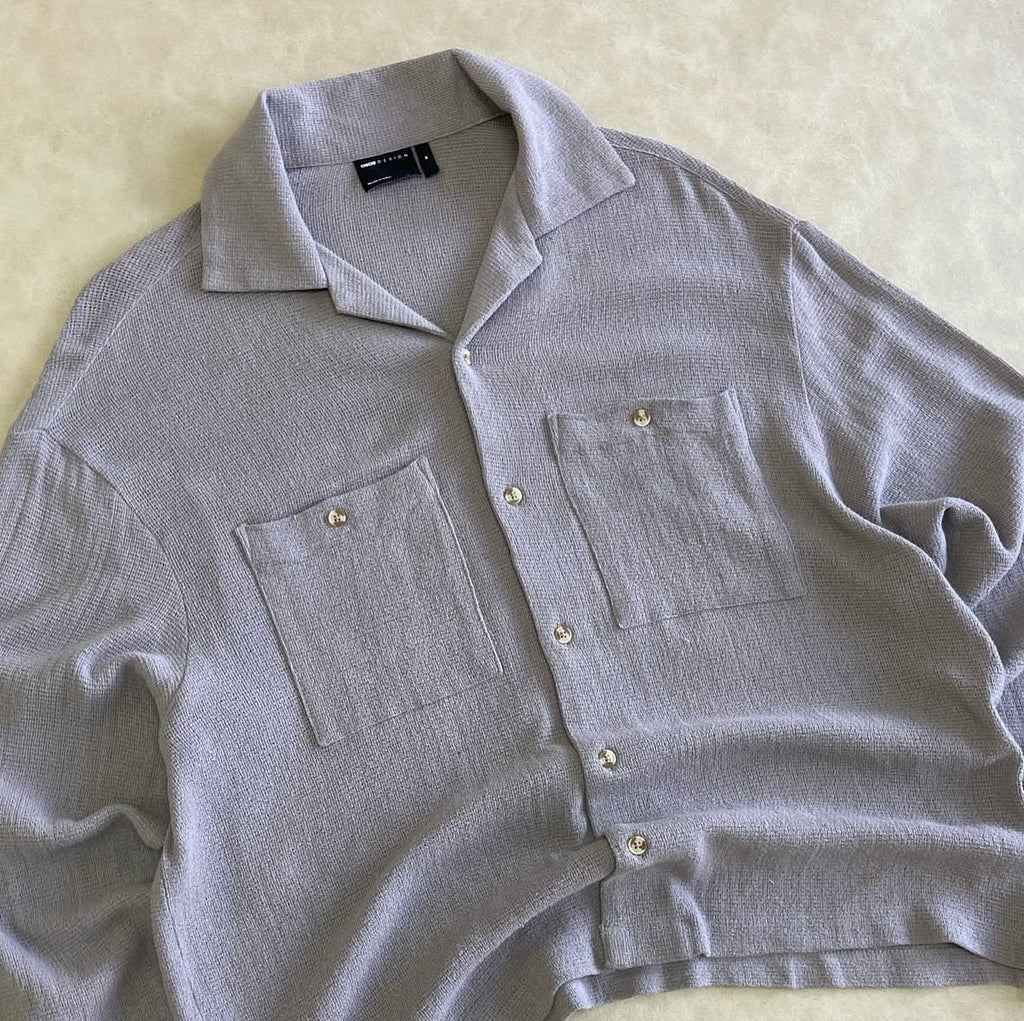 Gray square-cut linen-blend shirt with lapel collar