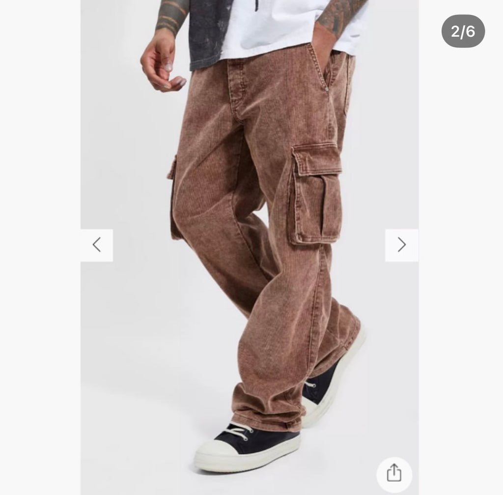 Acid Wash Corduroy Loose - Fit Cargo Pants