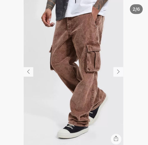 Acid Wash Corduroy Loose - Fit Cargo Pants