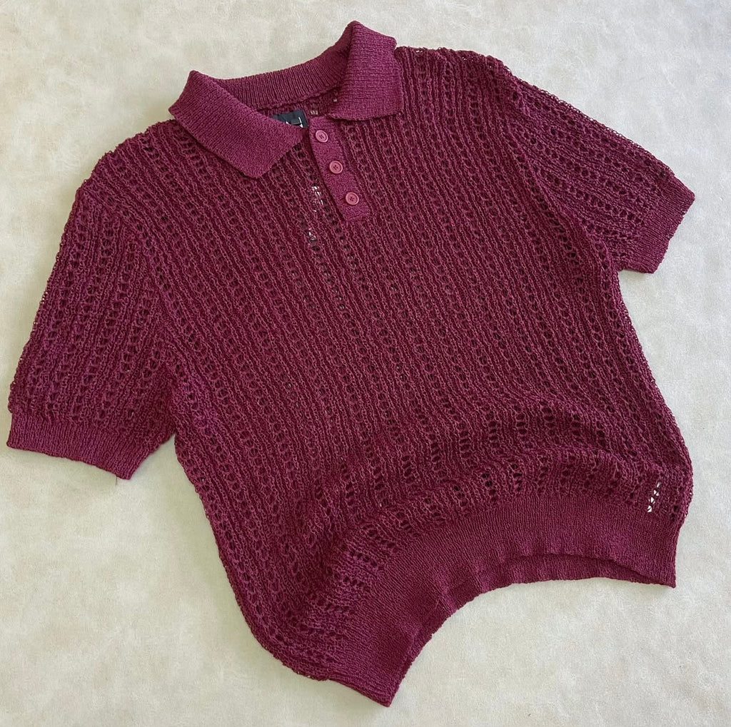 Slim Fit Open Stitch Short Sleeve Knitted Polo