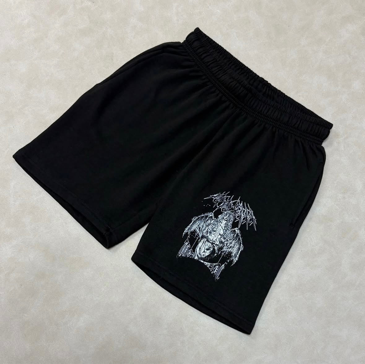 Tall Oversized Jersey Shorts With Gothic Print