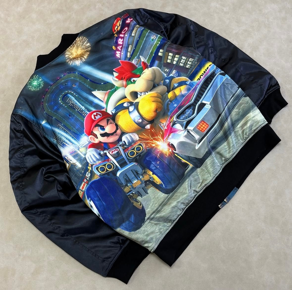 Mario Kart Black Satin Varsity Jacket