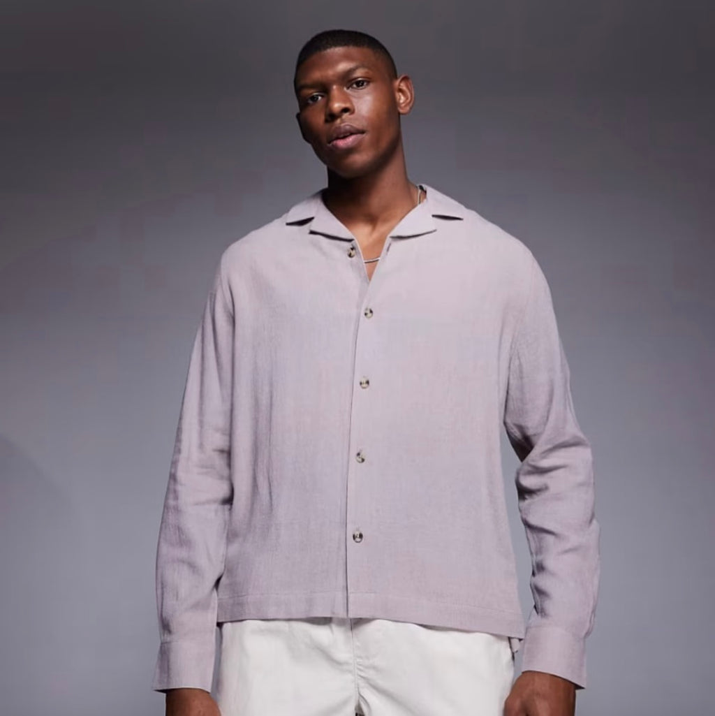 Gray square-cut linen-blend shirt with lapel collar