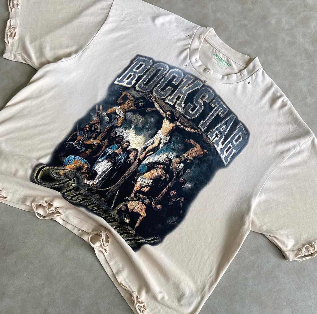 Waller Beige/Blue Boxy Crop T-Shirt