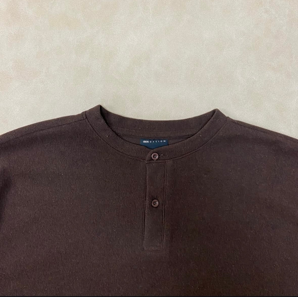 ASOS DESIGN boxy heavyweight rib henley sweater in dark brown