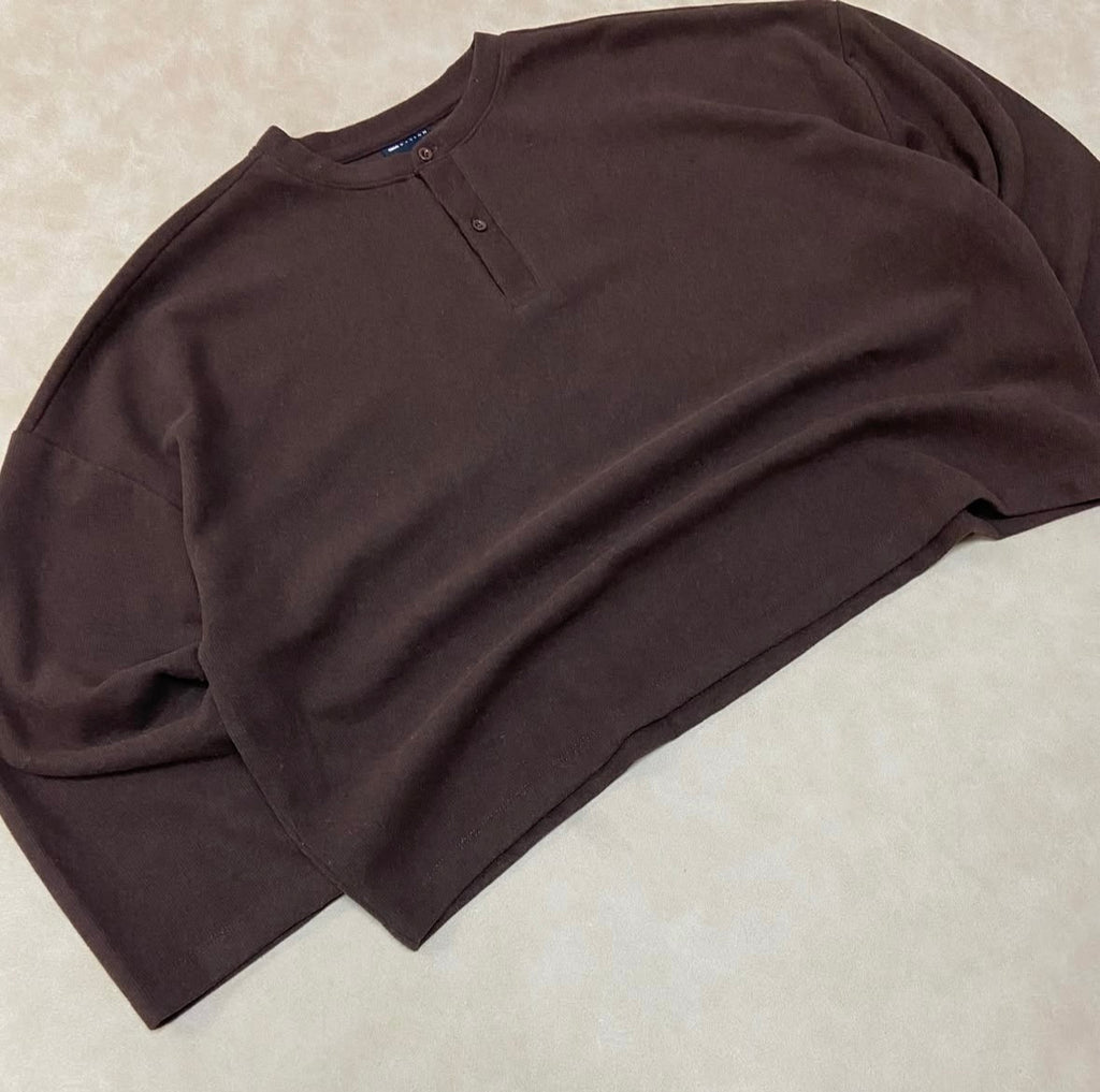 ASOS DESIGN boxy heavyweight rib henley sweater in dark brown