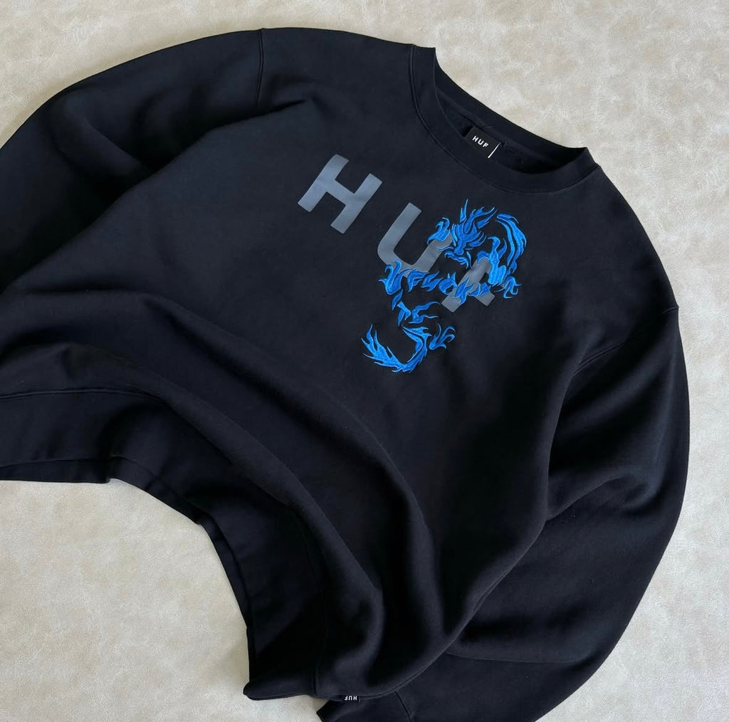 HUF Dragon Sweatshirt In Black With Chest Print And Embroidery