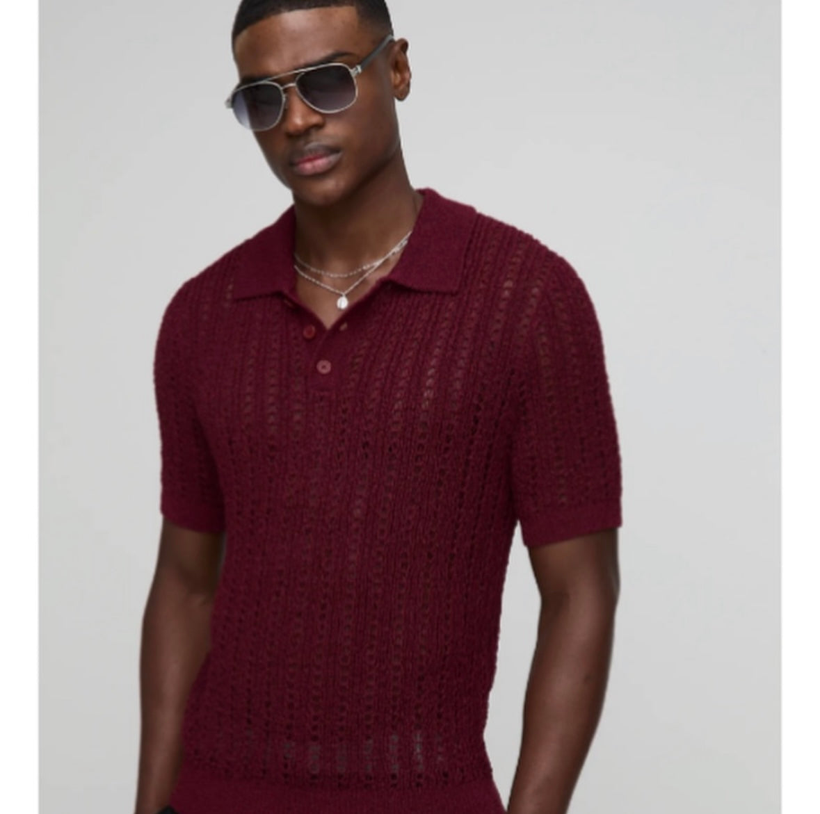 Slim Fit Open Stitch Short Sleeve Knitted Polo