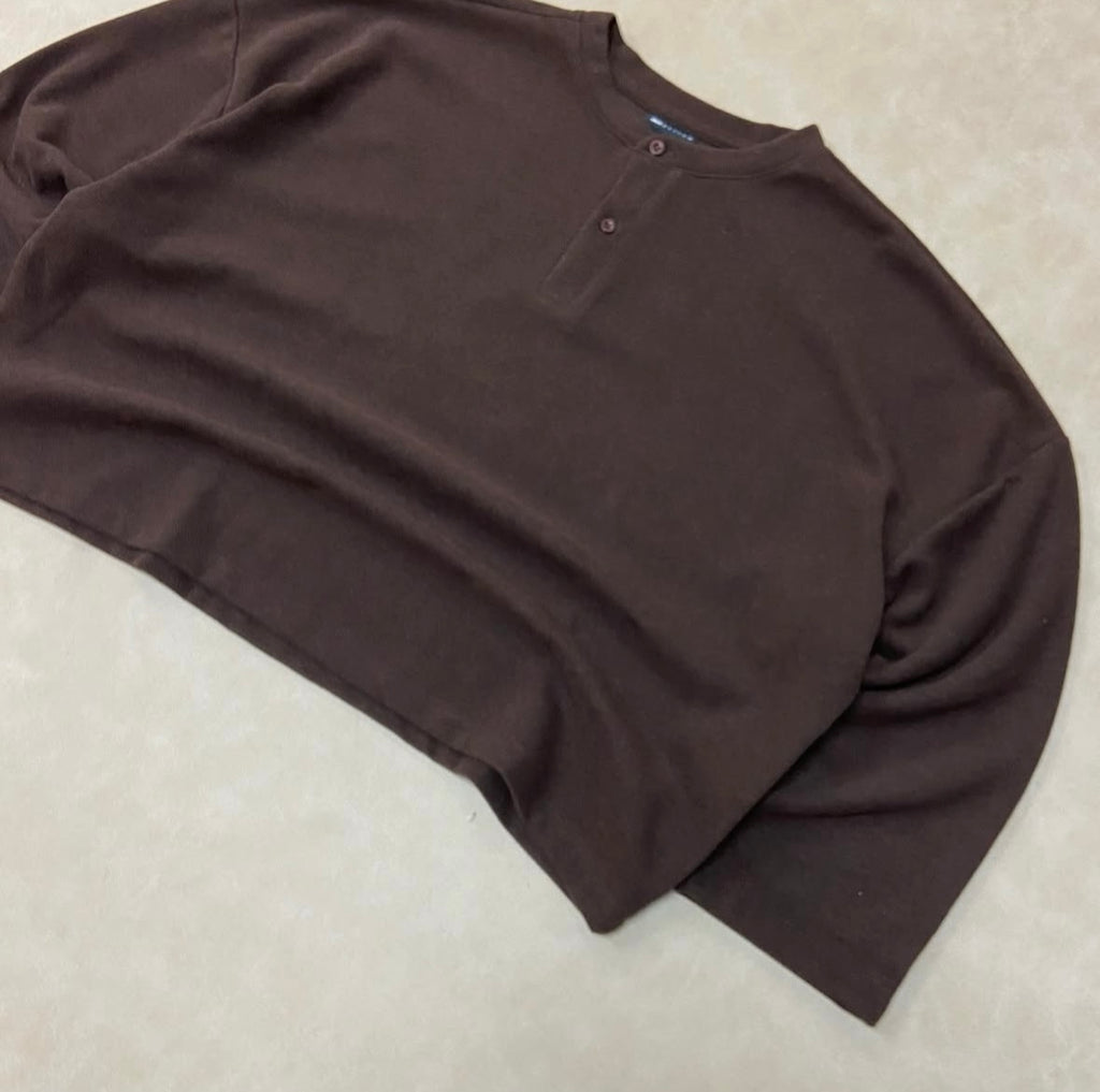 ASOS DESIGN boxy heavyweight rib henley sweater in dark brown