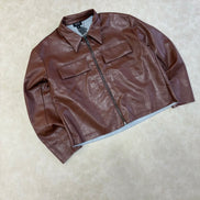 Boxy Collared PU Harrington Jacket With
Raw Edge In Brown