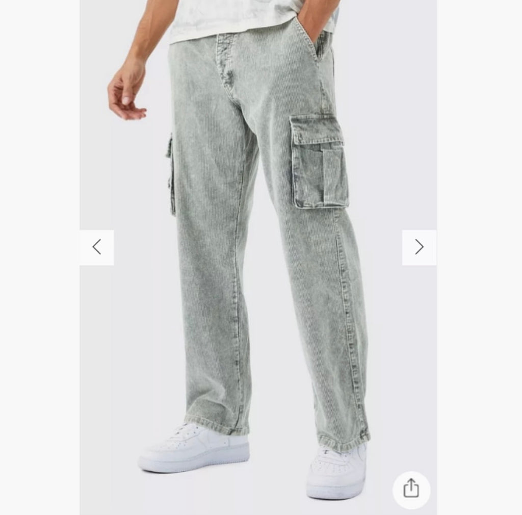 Relaxed Acid Wash Cord Cargo Trouser