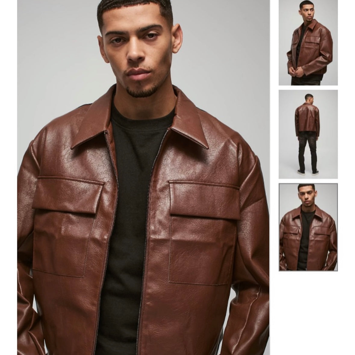 Boxy Collared PU Harrington Jacket With
Raw Edge In Brown