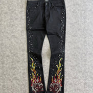 Rebel Flamed Rose Jewelwd  Stacket Flare Jeans