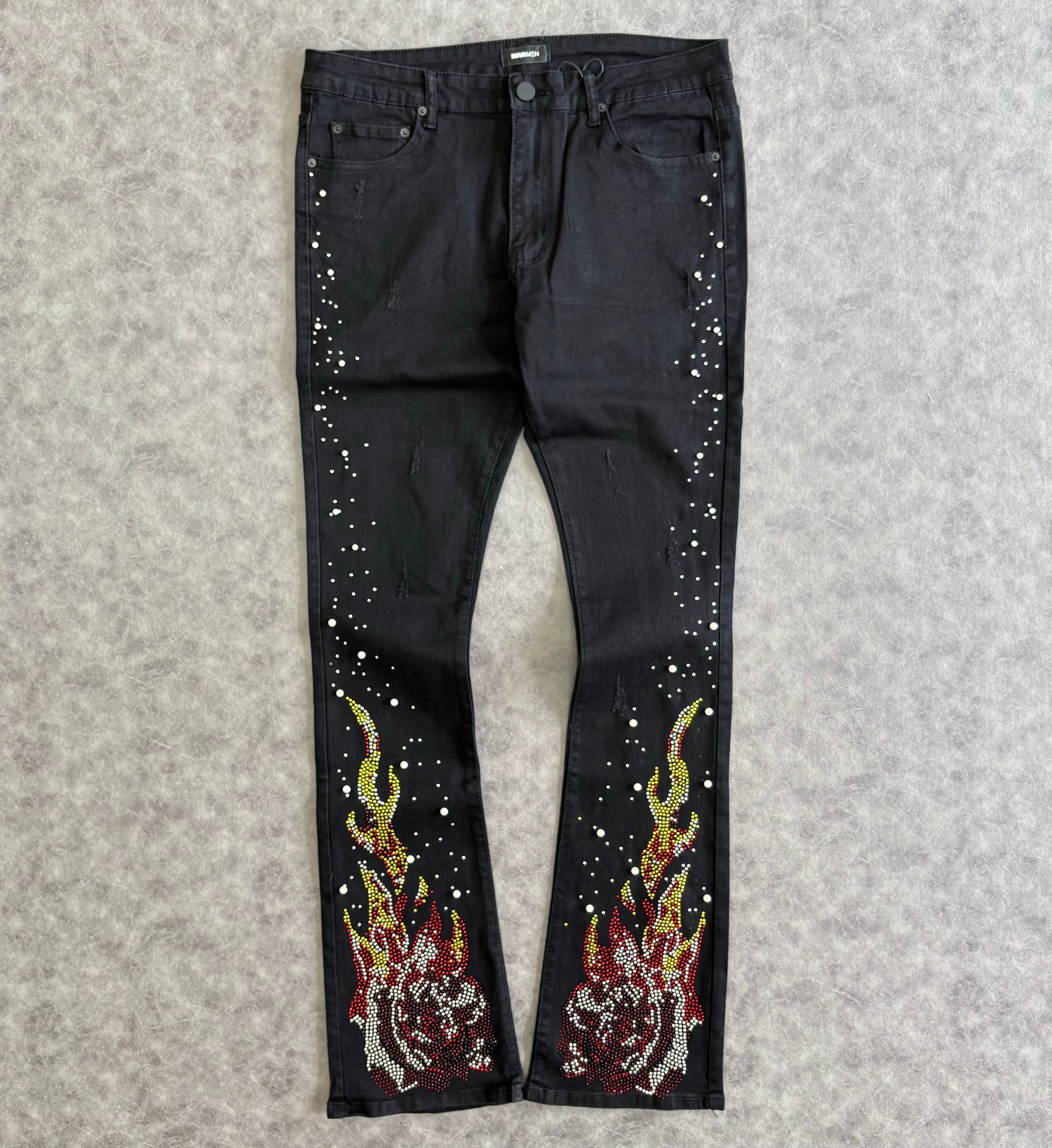 Rebel Flamed Rose Jewelwd  Stacket Flare Jeans