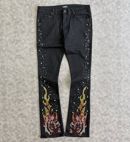 Rebel Flamed Rose Jewelwd  Stacket Flare Jeans