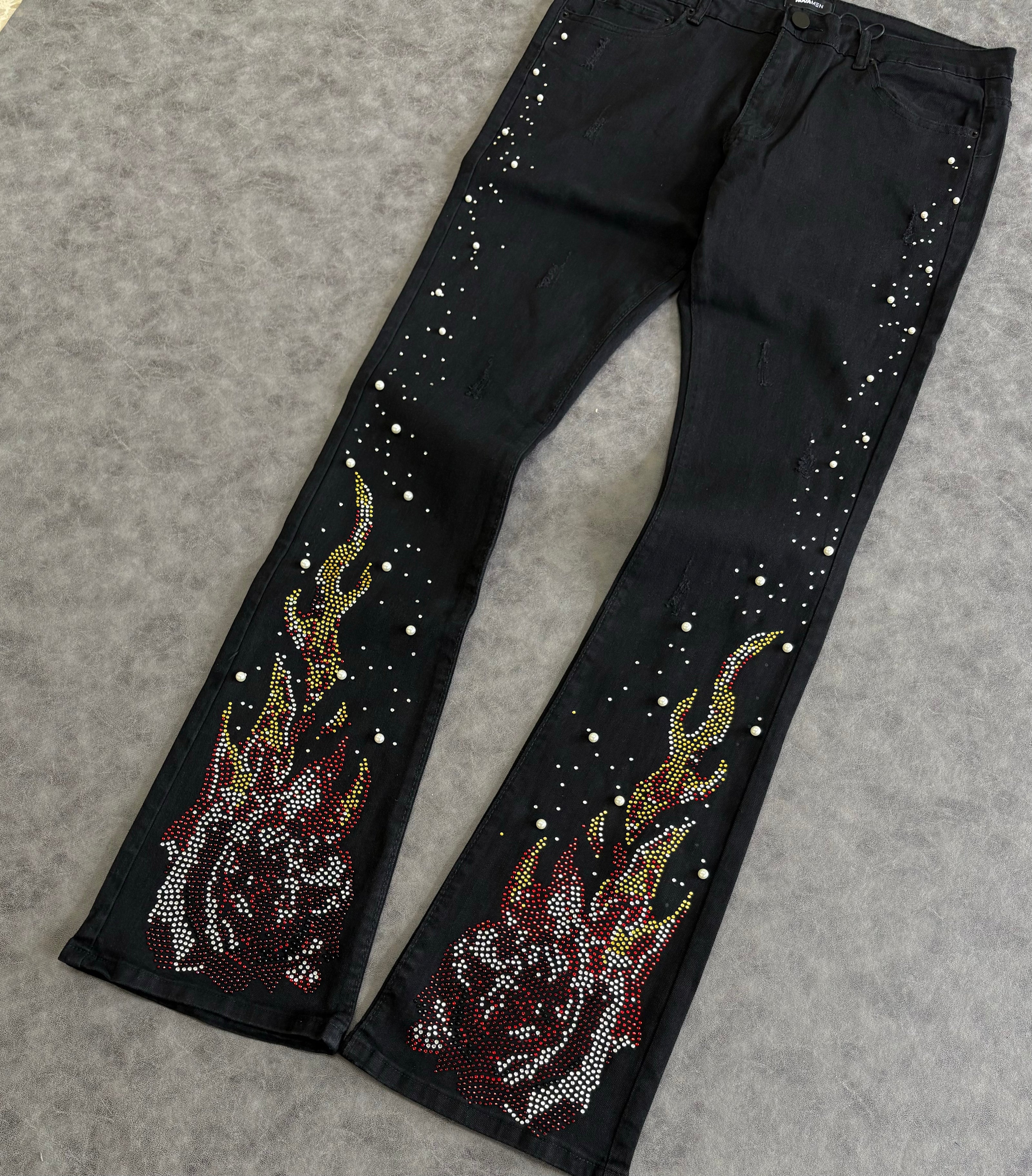 Rebel Flamed Rose Jewelwd  Stacket Flare Jeans