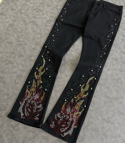 Rebel Flamed Rose Jewelwd  Stacket Flare Jeans