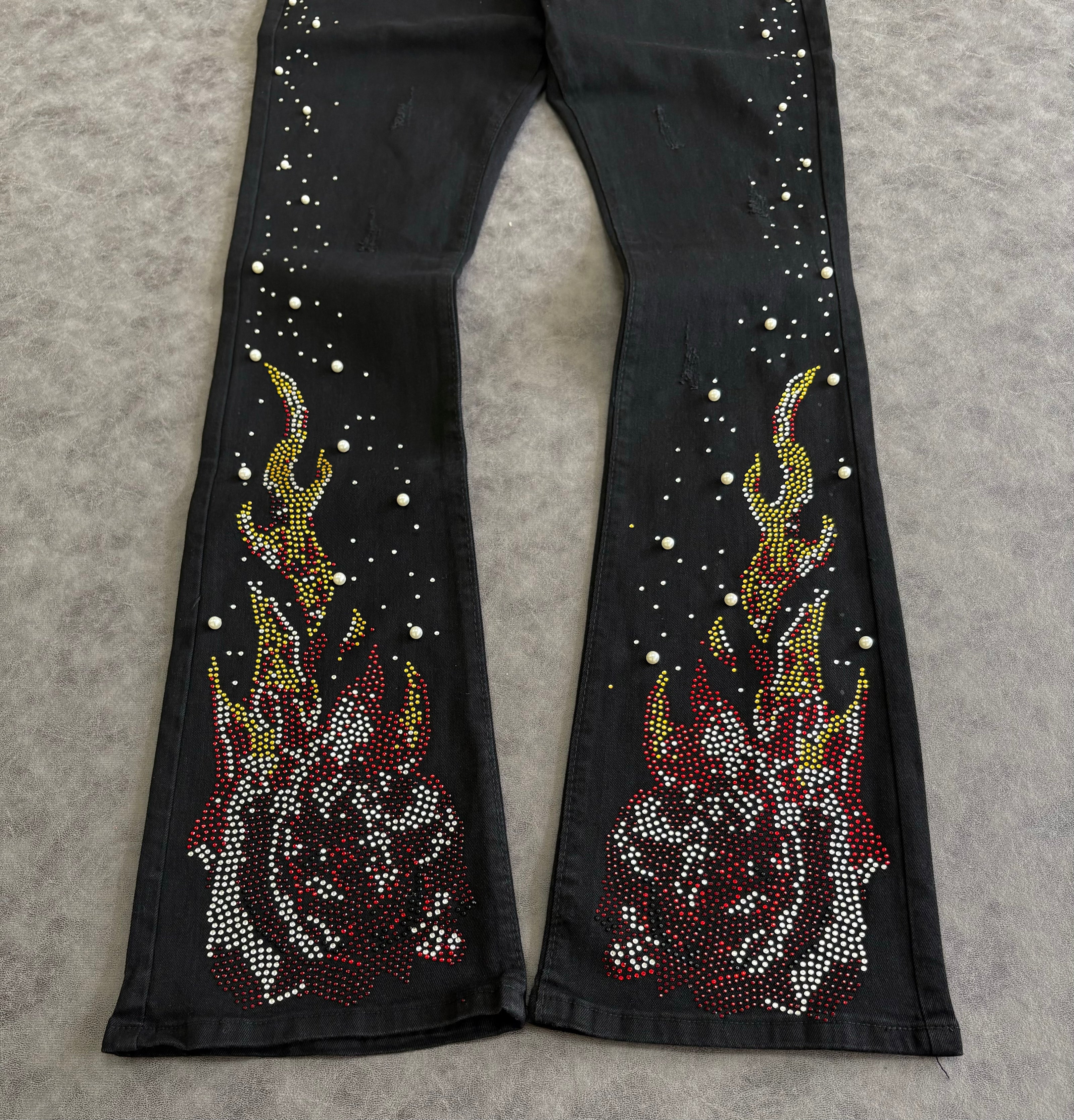 Rebel Flamed Rose Jewelwd  Stacket Flare Jeans