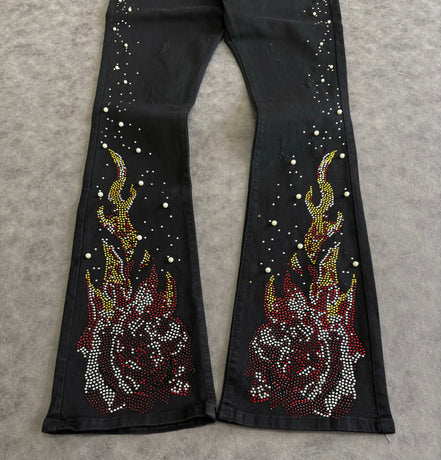 Rebel Flamed Rose Jewelwd  Stacket Flare Jeans