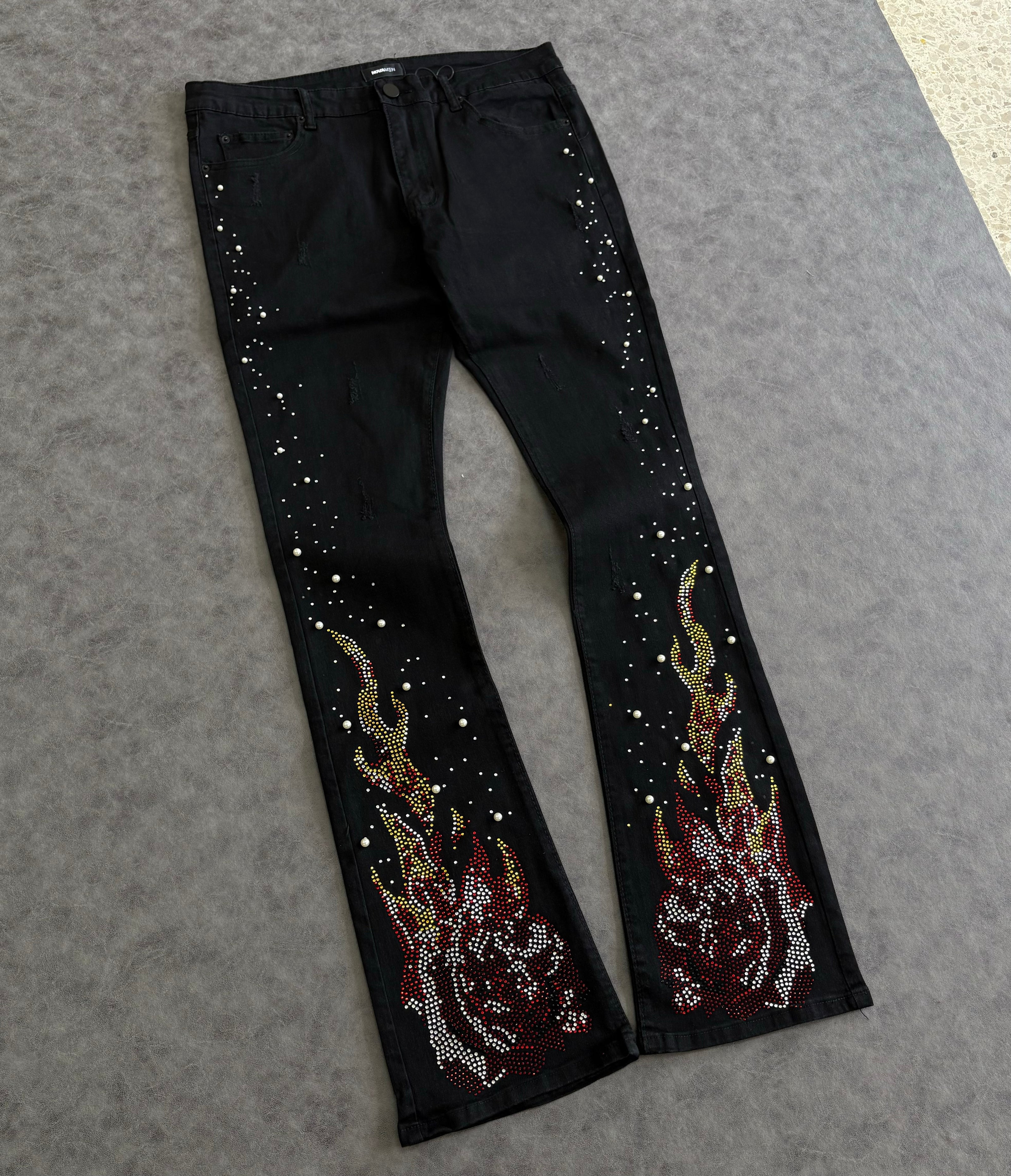 Rebel Flamed Rose Jewelwd  Stacket Flare Jeans