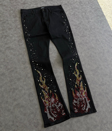 Rebel Flamed Rose Jewelwd  Stacket Flare Jeans