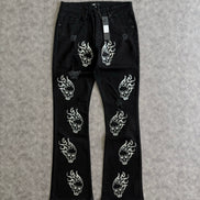 Skulls Jeweled Distressed Stacked Flare Pants