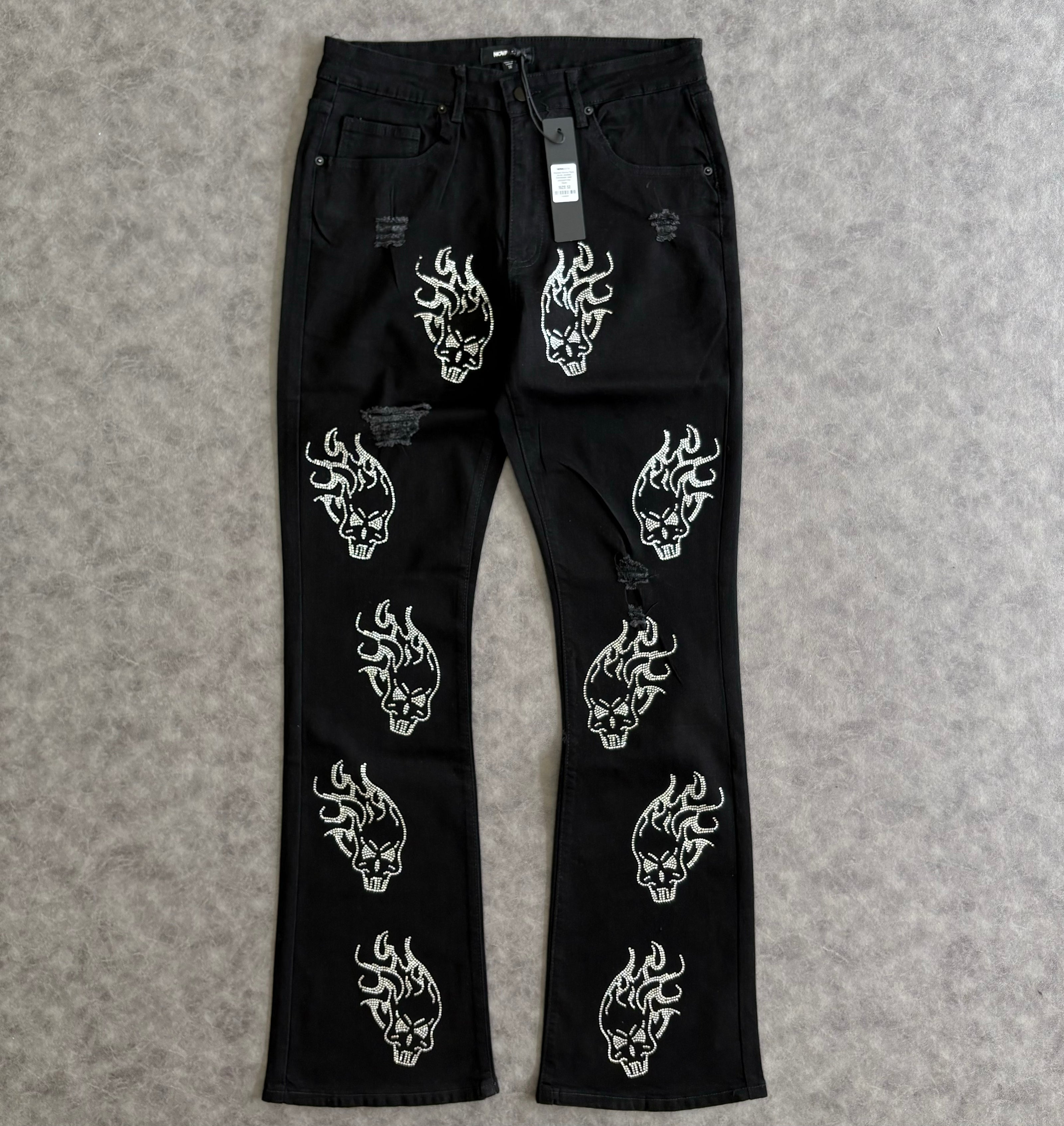 Skulls Jeweled Distressed Stacked Flare Pants