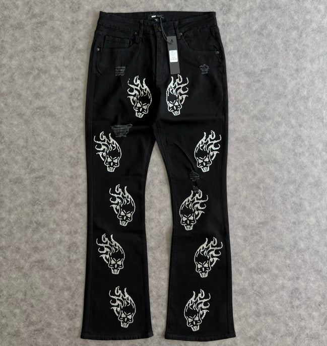 Skulls Jeweled Distressed Stacked Flare Pants